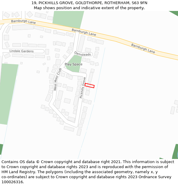 19, PICKHILLS GROVE, GOLDTHORPE, ROTHERHAM, S63 9FN: Location map and indicative extent of plot