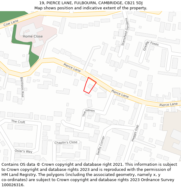 19, PIERCE LANE, FULBOURN, CAMBRIDGE, CB21 5DJ: Location map and indicative extent of plot