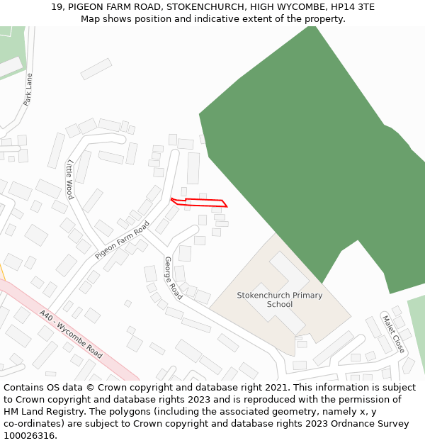 19, PIGEON FARM ROAD, STOKENCHURCH, HIGH WYCOMBE, HP14 3TE: Location map and indicative extent of plot