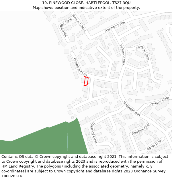 19, PINEWOOD CLOSE, HARTLEPOOL, TS27 3QU: Location map and indicative extent of plot