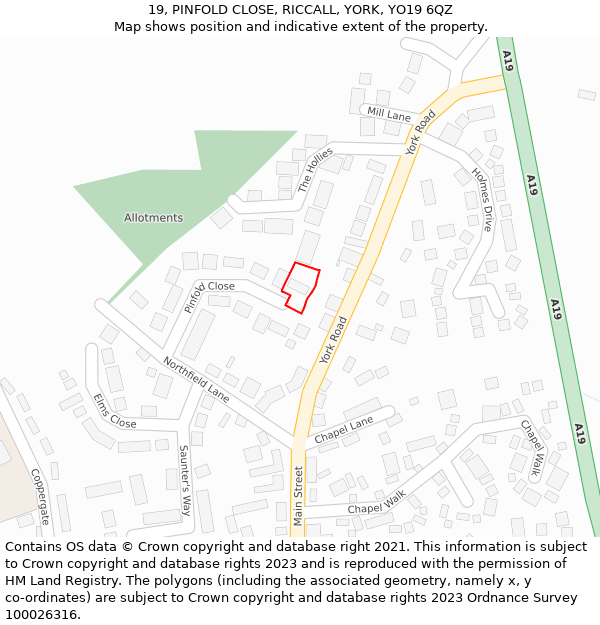 19, PINFOLD CLOSE, RICCALL, YORK, YO19 6QZ: Location map and indicative extent of plot