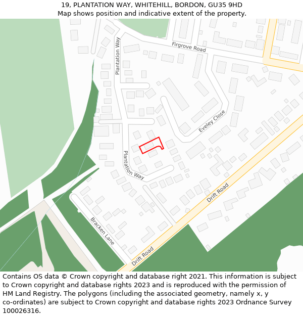 19, PLANTATION WAY, WHITEHILL, BORDON, GU35 9HD: Location map and indicative extent of plot