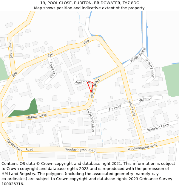 19, POOL CLOSE, PURITON, BRIDGWATER, TA7 8DG: Location map and indicative extent of plot