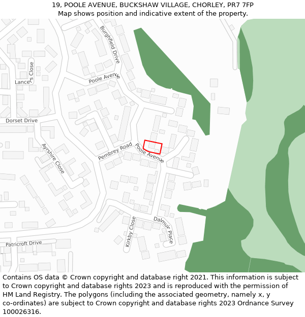 19, POOLE AVENUE, BUCKSHAW VILLAGE, CHORLEY, PR7 7FP: Location map and indicative extent of plot
