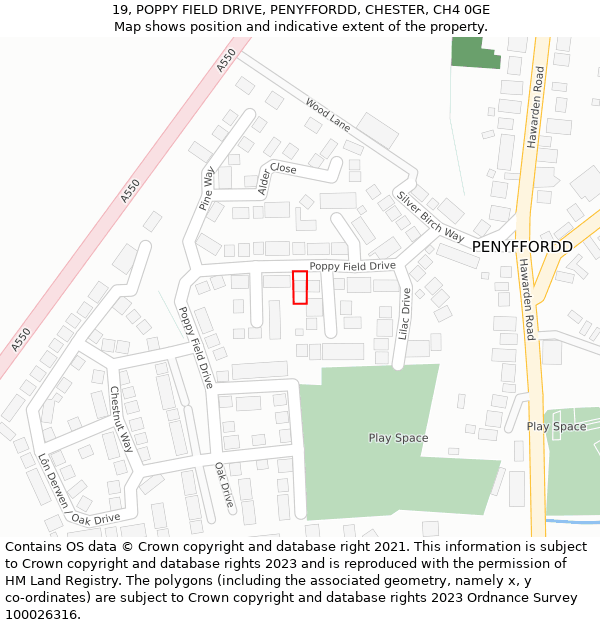 19, POPPY FIELD DRIVE, PENYFFORDD, CHESTER, CH4 0GE: Location map and indicative extent of plot