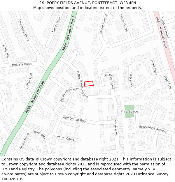 19, POPPY FIELDS AVENUE, PONTEFRACT, WF8 4FN: Location map and indicative extent of plot