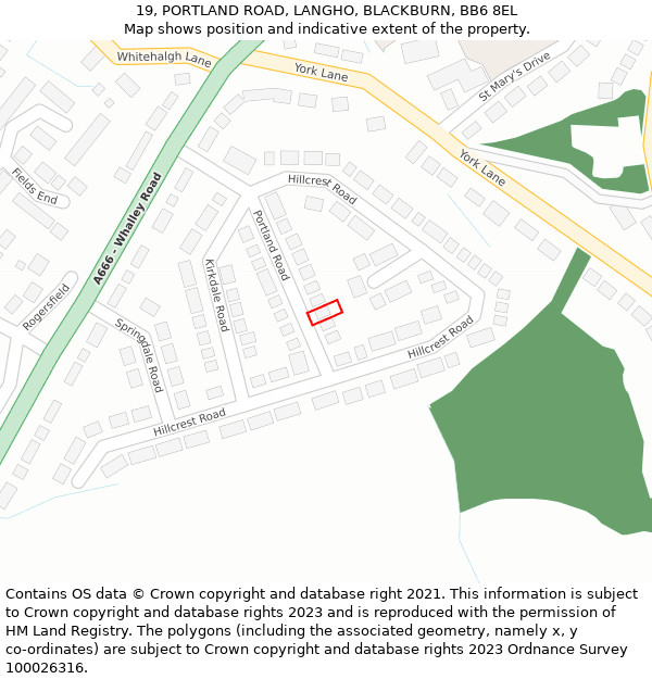 19, PORTLAND ROAD, LANGHO, BLACKBURN, BB6 8EL: Location map and indicative extent of plot