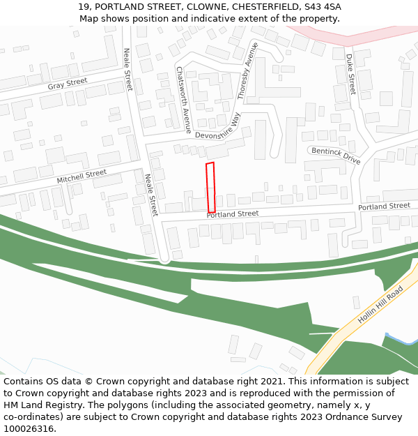 19, PORTLAND STREET, CLOWNE, CHESTERFIELD, S43 4SA: Location map and indicative extent of plot