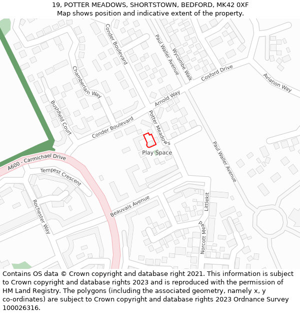 19, POTTER MEADOWS, SHORTSTOWN, BEDFORD, MK42 0XF: Location map and indicative extent of plot