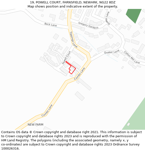 19, POWELL COURT, FARNSFIELD, NEWARK, NG22 8DZ: Location map and indicative extent of plot