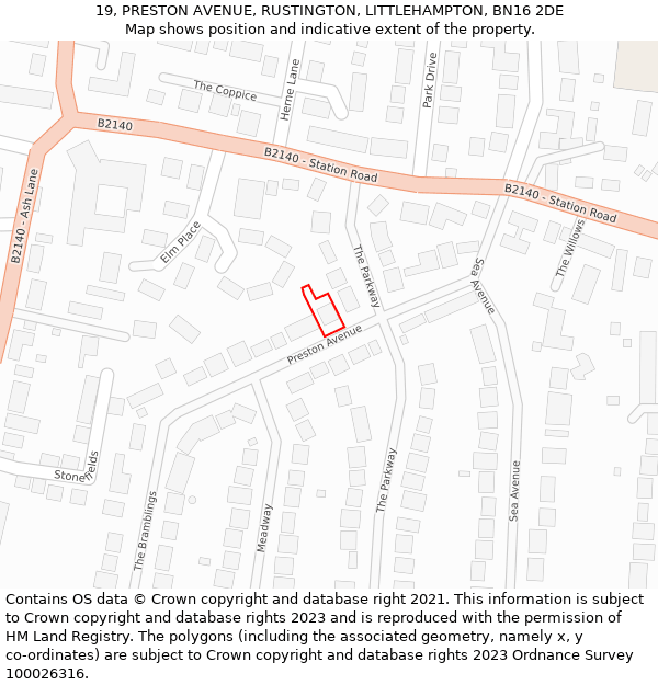 19, PRESTON AVENUE, RUSTINGTON, LITTLEHAMPTON, BN16 2DE: Location map and indicative extent of plot