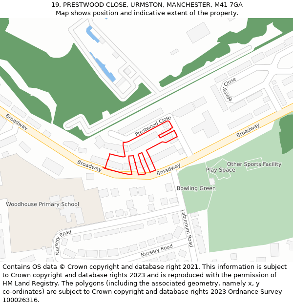 19, PRESTWOOD CLOSE, URMSTON, MANCHESTER, M41 7GA: Location map and indicative extent of plot