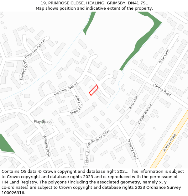 19, PRIMROSE CLOSE, HEALING, GRIMSBY, DN41 7SL: Location map and indicative extent of plot