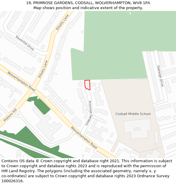 19, PRIMROSE GARDENS, CODSALL, WOLVERHAMPTON, WV8 1PA: Location map and indicative extent of plot