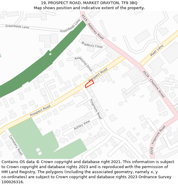 19, PROSPECT ROAD, MARKET DRAYTON, TF9 3BQ: Location map and indicative extent of plot