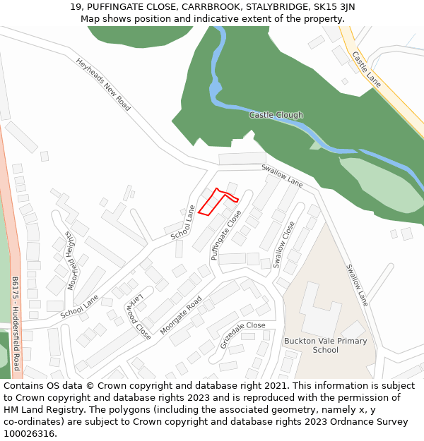 19, PUFFINGATE CLOSE, CARRBROOK, STALYBRIDGE, SK15 3JN: Location map and indicative extent of plot