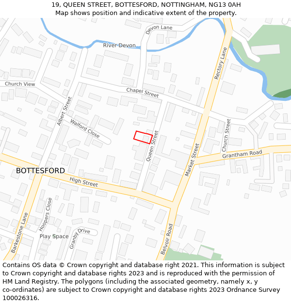 19, QUEEN STREET, BOTTESFORD, NOTTINGHAM, NG13 0AH: Location map and indicative extent of plot