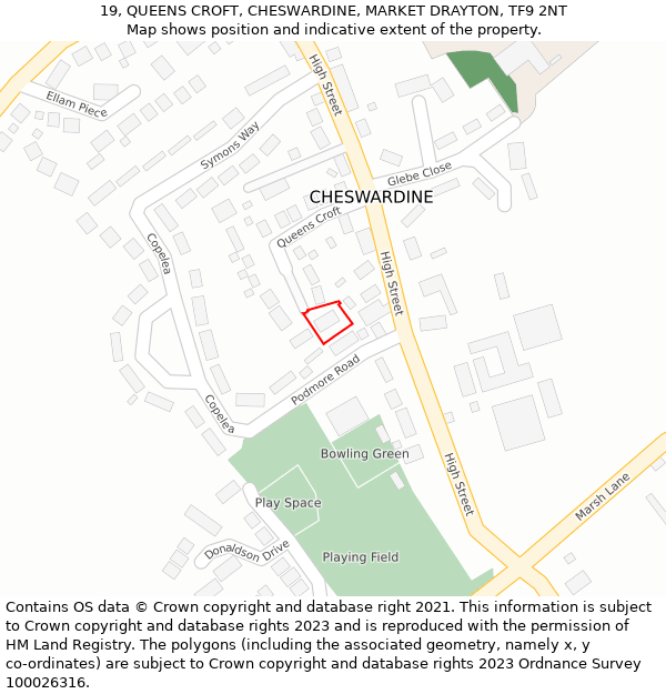 19, QUEENS CROFT, CHESWARDINE, MARKET DRAYTON, TF9 2NT: Location map and indicative extent of plot