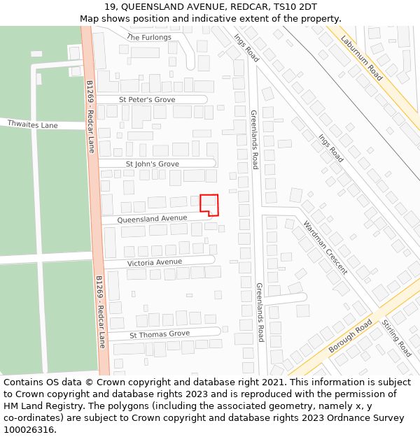 19, QUEENSLAND AVENUE, REDCAR, TS10 2DT: Location map and indicative extent of plot