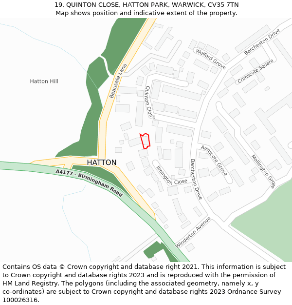 19, QUINTON CLOSE, HATTON PARK, WARWICK, CV35 7TN: Location map and indicative extent of plot