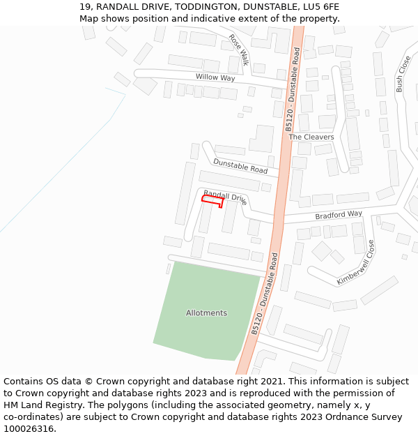 19, RANDALL DRIVE, TODDINGTON, DUNSTABLE, LU5 6FE: Location map and indicative extent of plot