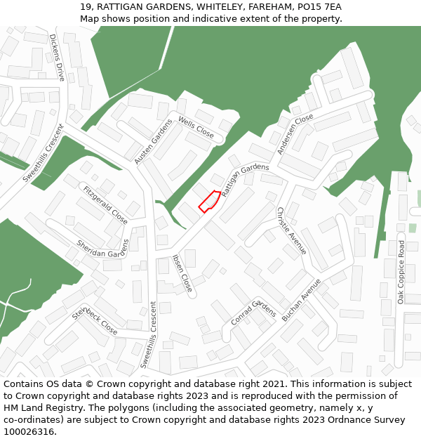 19, RATTIGAN GARDENS, WHITELEY, FAREHAM, PO15 7EA: Location map and indicative extent of plot