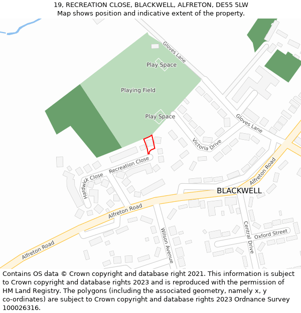 19, RECREATION CLOSE, BLACKWELL, ALFRETON, DE55 5LW: Location map and indicative extent of plot