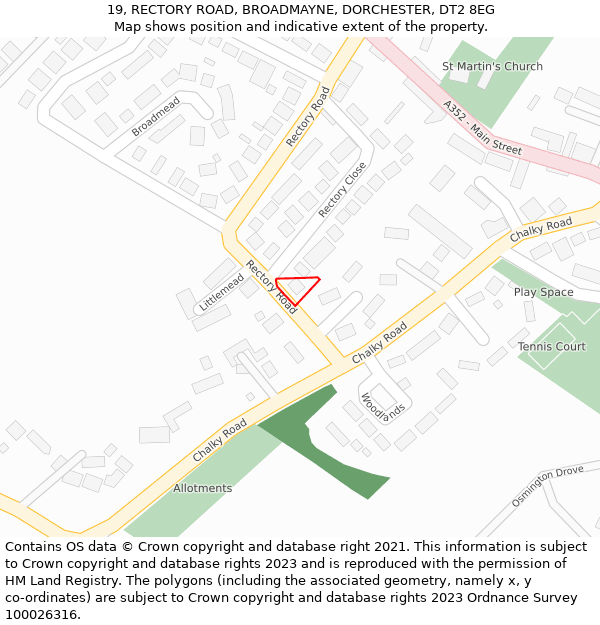 19, RECTORY ROAD, BROADMAYNE, DORCHESTER, DT2 8EG: Location map and indicative extent of plot