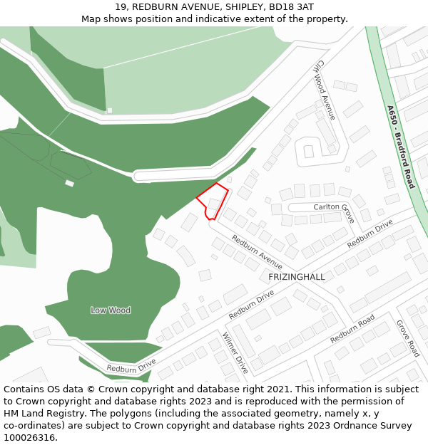 19, REDBURN AVENUE, SHIPLEY, BD18 3AT: Location map and indicative extent of plot