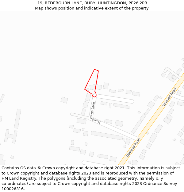 19, REDEBOURN LANE, BURY, HUNTINGDON, PE26 2PB: Location map and indicative extent of plot