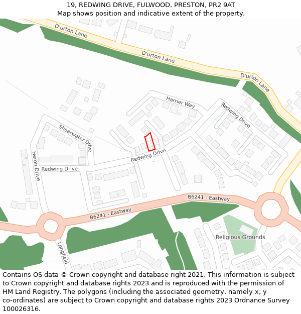 19, REDWING DRIVE, FULWOOD, PRESTON, PR2 9AT: Location map and indicative extent of plot