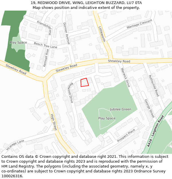 19, REDWOOD DRIVE, WING, LEIGHTON BUZZARD, LU7 0TA: Location map and indicative extent of plot