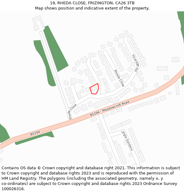 19, RHEDA CLOSE, FRIZINGTON, CA26 3TB: Location map and indicative extent of plot