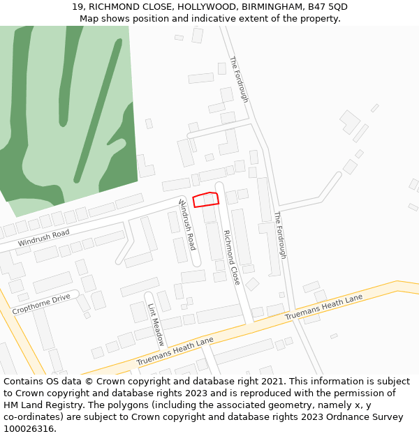 19, RICHMOND CLOSE, HOLLYWOOD, BIRMINGHAM, B47 5QD: Location map and indicative extent of plot