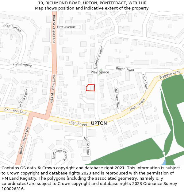 19, RICHMOND ROAD, UPTON, PONTEFRACT, WF9 1HP: Location map and indicative extent of plot