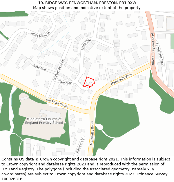 19, RIDGE WAY, PENWORTHAM, PRESTON, PR1 9XW: Location map and indicative extent of plot