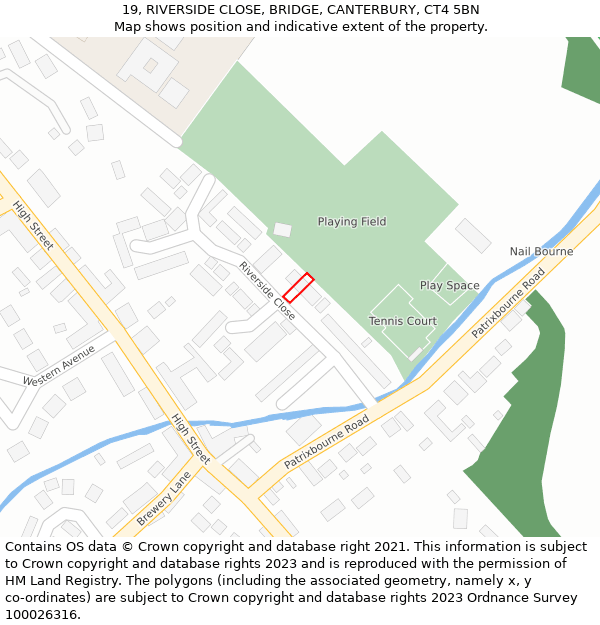 19, RIVERSIDE CLOSE, BRIDGE, CANTERBURY, CT4 5BN: Location map and indicative extent of plot