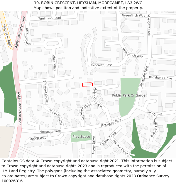 19, ROBIN CRESCENT, HEYSHAM, MORECAMBE, LA3 2WG: Location map and indicative extent of plot