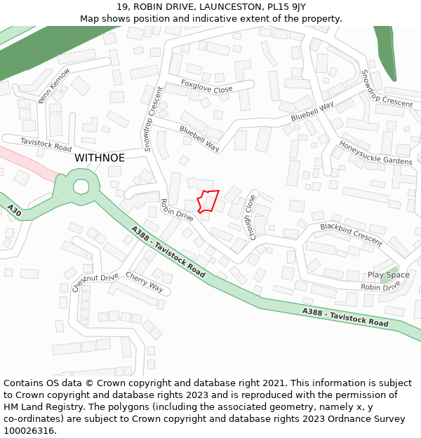 19, ROBIN DRIVE, LAUNCESTON, PL15 9JY: Location map and indicative extent of plot