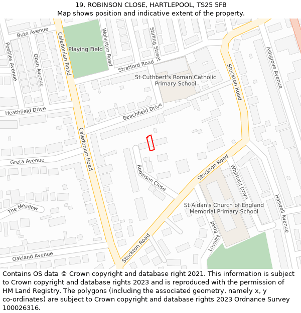 19, ROBINSON CLOSE, HARTLEPOOL, TS25 5FB: Location map and indicative extent of plot
