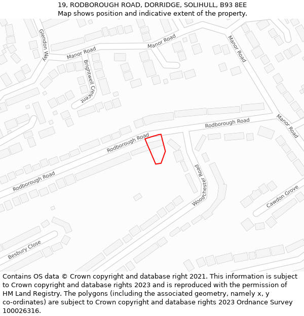 19, RODBOROUGH ROAD, DORRIDGE, SOLIHULL, B93 8EE: Location map and indicative extent of plot