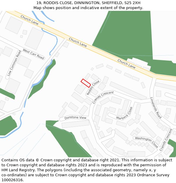 19, RODDIS CLOSE, DINNINGTON, SHEFFIELD, S25 2XH: Location map and indicative extent of plot