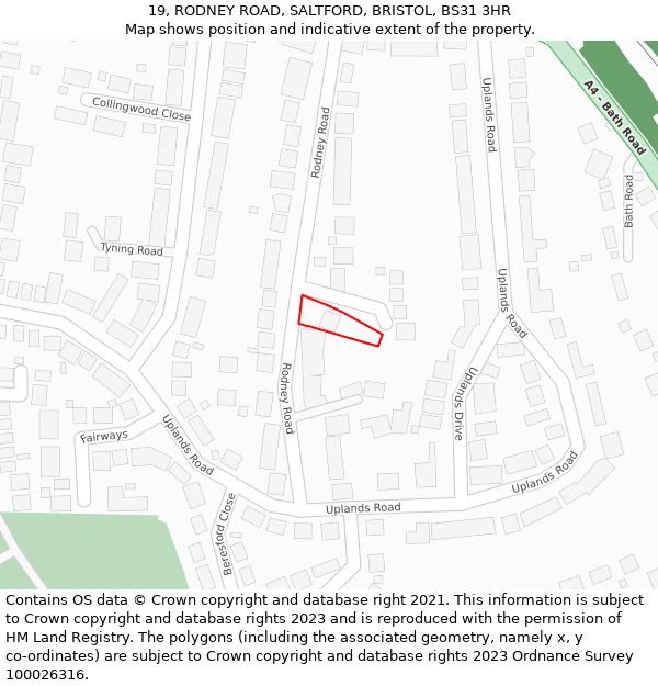 19, RODNEY ROAD, SALTFORD, BRISTOL, BS31 3HR: Location map and indicative extent of plot