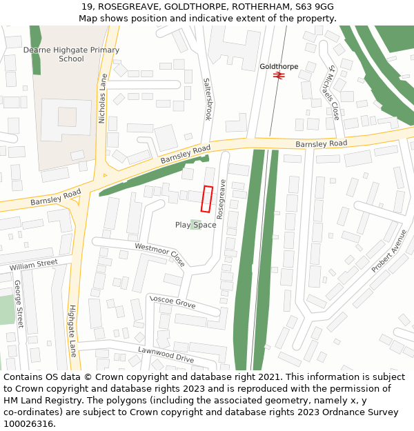 19, ROSEGREAVE, GOLDTHORPE, ROTHERHAM, S63 9GG: Location map and indicative extent of plot