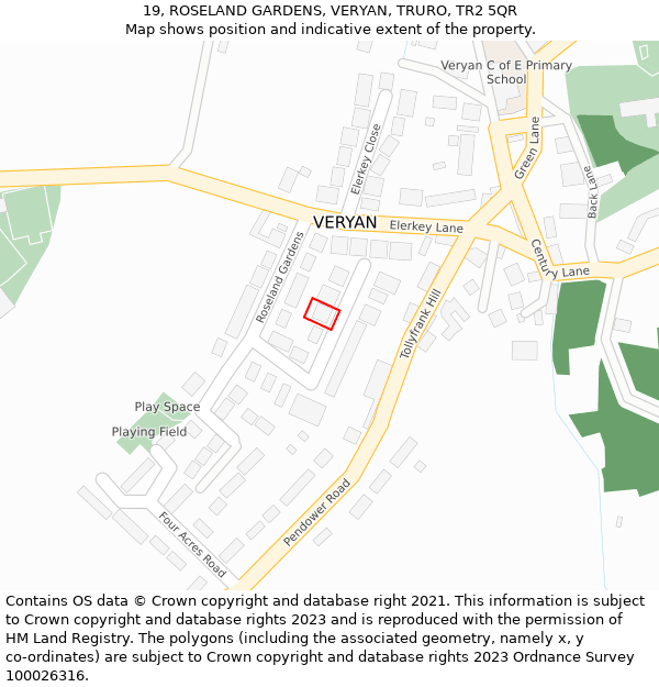 19, ROSELAND GARDENS, VERYAN, TRURO, TR2 5QR: Location map and indicative extent of plot