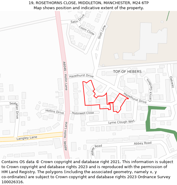 19, ROSETHORNS CLOSE, MIDDLETON, MANCHESTER, M24 6TP: Location map and indicative extent of plot