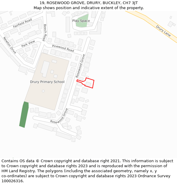 19, ROSEWOOD GROVE, DRURY, BUCKLEY, CH7 3JT: Location map and indicative extent of plot