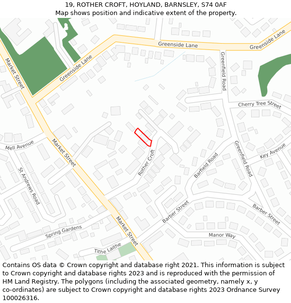 19, ROTHER CROFT, HOYLAND, BARNSLEY, S74 0AF: Location map and indicative extent of plot