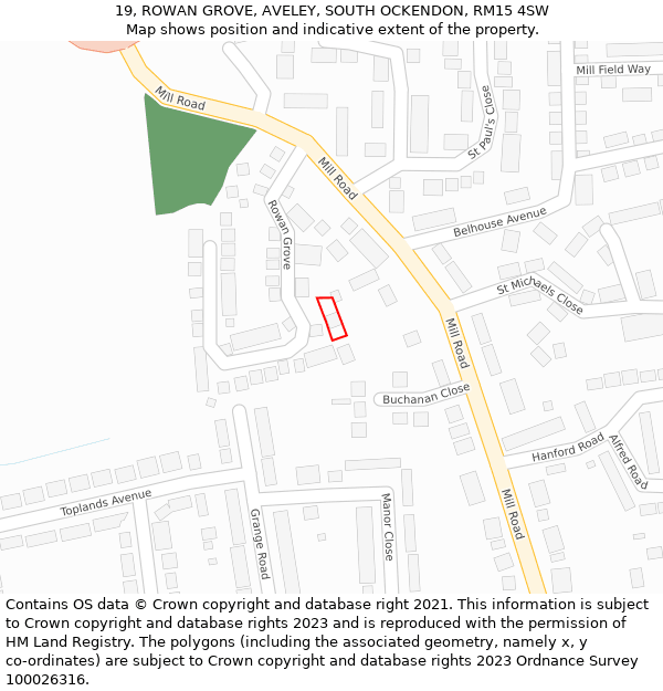 19, ROWAN GROVE, AVELEY, SOUTH OCKENDON, RM15 4SW: Location map and indicative extent of plot