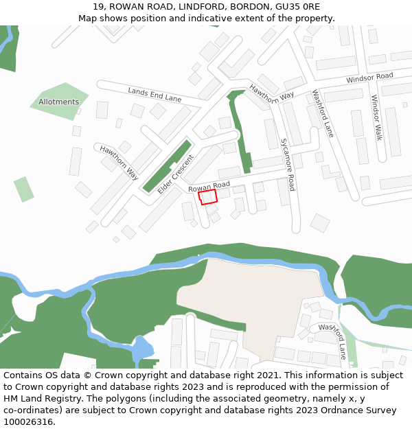 19, ROWAN ROAD, LINDFORD, BORDON, GU35 0RE: Location map and indicative extent of plot